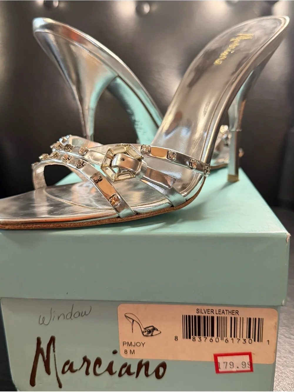 Marciano Silver Crystal-Embellished Slide Heels